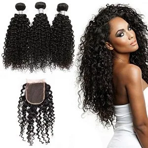 Generic Virgin Curly Bundles With Closure Malaysian Curly Remy Hair Kinky Human Hair Bundle 3Pcs With 4x4 Lace Closure ( 18 18 18 + 16 In Closure )
