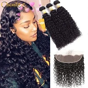 Fashion Malaysian 8A Virgin Human Hair Water Wave Bundles With Frontal Closure 3 Bundles With Lace Frontal 13x4 Ear To Ear Unprocessed Wet And Wavy Curly Hair Natural Black Water