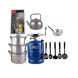 Generic 3kg Gas Cylinder, Cooking Pots, Kettle, Frying Pan, Non Stick Spoon, Knife Set & Set Of Tablespoons