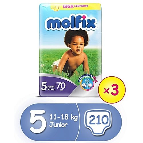 Molfix ComfortFix Diapers, Size 5, Giga Economy Pack, 70x3 (210 Count)