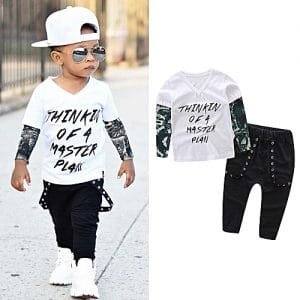Fashion Baby Outfit Newborn Infant Baby Boy Letter Tattoo T Shirt Tops Pants Outfits Clothes Set-White