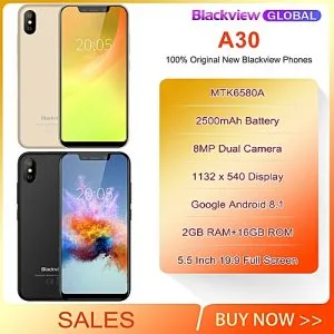 Blackview Blackview A30 Smartphone MTK6580A Quad Core 5.5" 19:9 All Screen 8MP Dual Camera Face ID 2500mAh 2GB 16GB