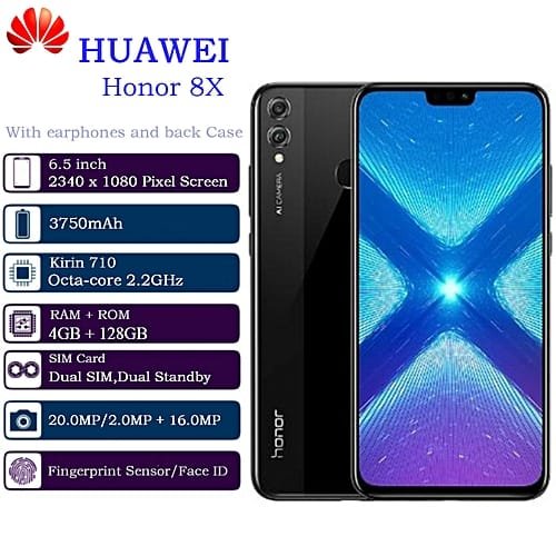 Huawei HONOR 8X 6.5-Inch LTPS (19.5:9) Octa-Core (4GB RAM, 128GB ROM) Android 8.1 Oreo, (20MP + 2MP) + 16MP AI Cameras Dual SIM 4G 3750 MAh Fingerprint ID Glass Body Smartphone - Black