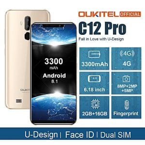 Oukitel C12 Pro 6.18-Inch(2GB RAM 16GB ROM),Android 8.1,(8MP + 2MP) + 5MP 4G Smartphone With Case EU - Gold