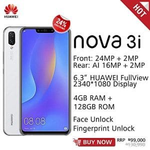 Huawei Nova 3i 6.3-Inch FHD+ Octa-Core (4GB RAM, 128GB ROM) Android 8.1 Oreo, (16MP + 2MP) (24MP + 2MP) Dual SIM 4G Fingerprint ID 3,340mAh Smartphone - Pearl White