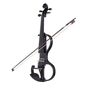 Generic Ammoon VE-207 Full Size 4/4 Solid Wood Silent Electric Violin Fiddle Maple Body Ebony Fingerboard Pegs Chin Rest Tailpiece With Bow Hard Case Tuner Headphones Rosin Audio Cable Extra Strings Black