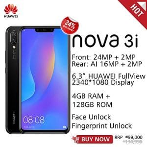 Huawei Nova 3i 6.3-Inch FHD+ Octa-Core (4GB RAM, 128GB ROM) Android 8.1 Oreo, (16MP + 2MP) (24MP + 2MP) Dual SIM 4G Fingerprint ID 3,340mAh Smartphone - Jet Black