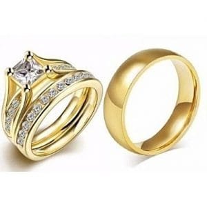 Fashion Solid Engagement/wedding Ring(3piece Set)gold Plated Steel Ring