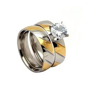 Fashion Beautiful 2pcs Stainless Steel Engagement Wedding Ring And Band Set Size 8