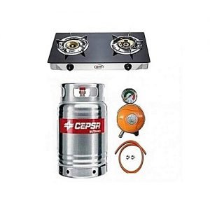 CEPSA 12.5kg Gas Cylinder Stainless With Universal Glass Top Double Burner, Metered Regulator, Hose & Clips