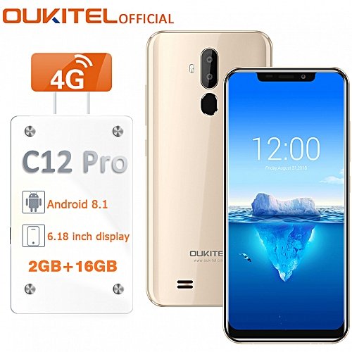 Oukitel C12 Pro 6.18-Inch (2GB RAM 16GB ROM) Bluetooth Android 8.1,(8MP + 2MP) + 5MP 4G Smartphone EU With Case - Gold