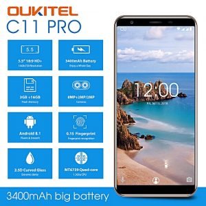 Oukitel C11 PRO 4G LTE Mobile Phones Android 8.1 Face ID 3GB RAM + 16GB ROM 5.5inch HD+ 18:9 Screen MT6739 Quad-core 3400mAh Battery 0.1s Finger Scanner Smartphone